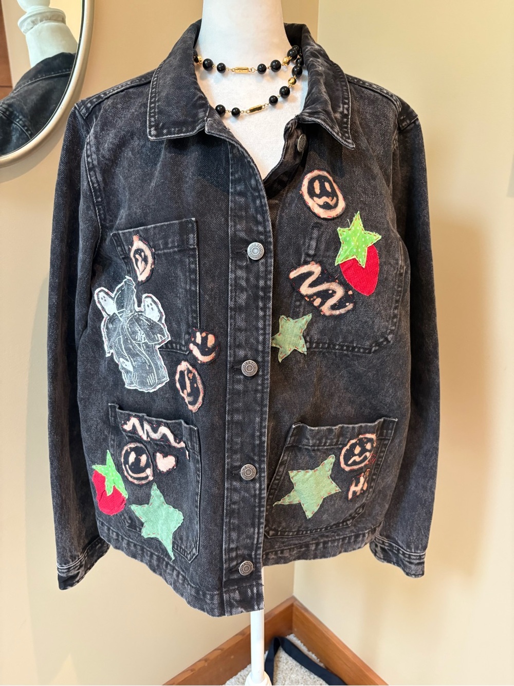 Black Denim Jacket Handmade Mushroom Kermit Patches Stars Smiles Strawberries 🍓